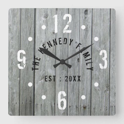 Rustic Farmhouse Family Name Gray Wood Square Wall Clock