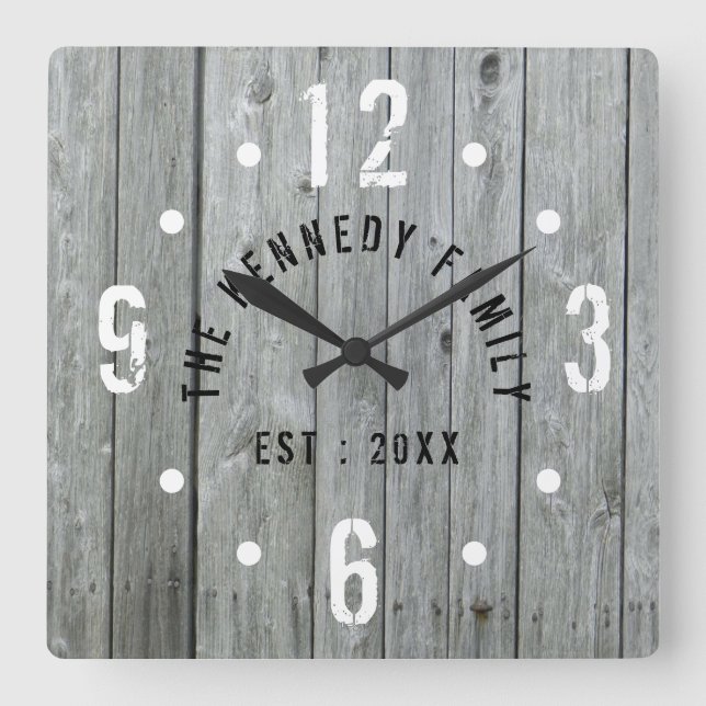 Rustic Farmhouse Family Name Gray Wood Square Wall Clock (Front)