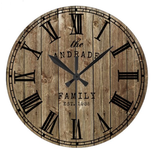 Rustic Farmhouse Family Name Wood Planks Country Large Clock