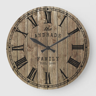 Rustic Farmhouse Family Name Wood Planks Country Large Clock