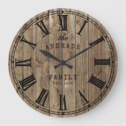 Rustic Farmhouse Family Name Wood Planks Country Large Clock