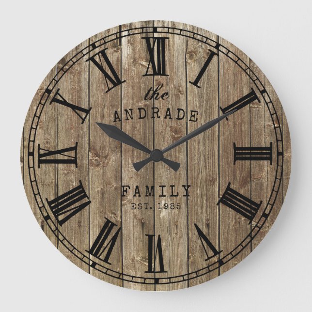 Rustic Farmhouse Family Name Wood Planks Country Large Clock (Front)