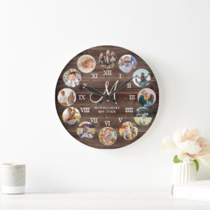 Rustic Farmhouse Family Photo Collage Monogram Large Clock
