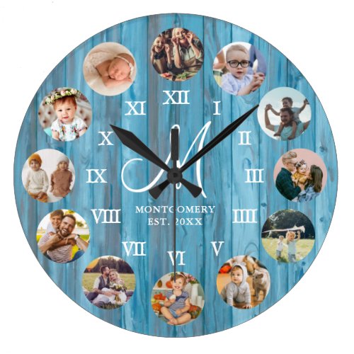Rustic Farmhouse Family Photo Collage Monogram Large Clock