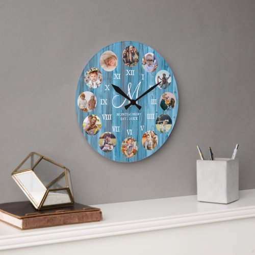 Rustic Farmhouse Family Photo Collage Monogram Large Clock