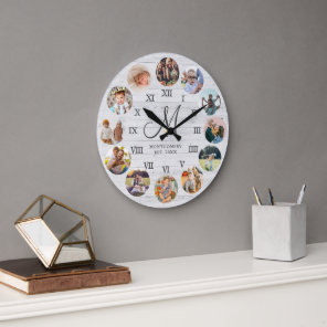 Rustic Farmhouse Family Photo Collage Monogram Large Clock