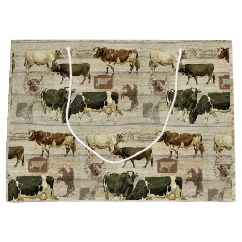 Rustic Farmhouse Farm Cow Wooden Pattern Masculine Large Gift Bag