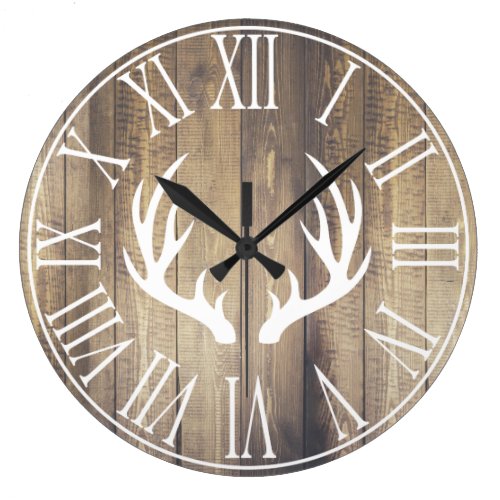 Rustic Farmhouse Faux Barn Wood &amp; Antlers Large Clock