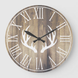Rustic Farmhouse Faux Barn Wood & Antlers Large Clock