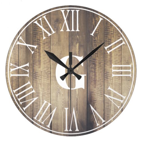 Rustic Farmhouse Faux Barn Wood &amp; White Monogram Large Clock