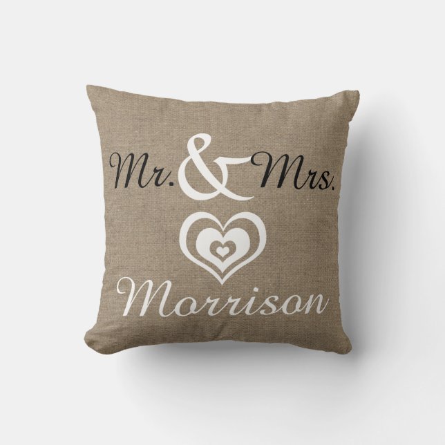 Rustic Farmhouse Faux Burlap Wedding Date Throw Pillow (Front)