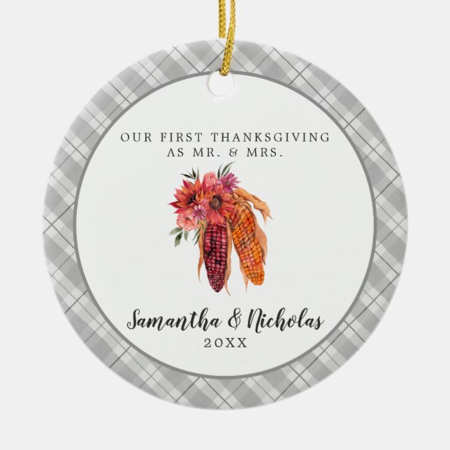 Rustic Farmhouse | First Thanksgiving Mr. & Mrs. Ceramic Ornament (Front)