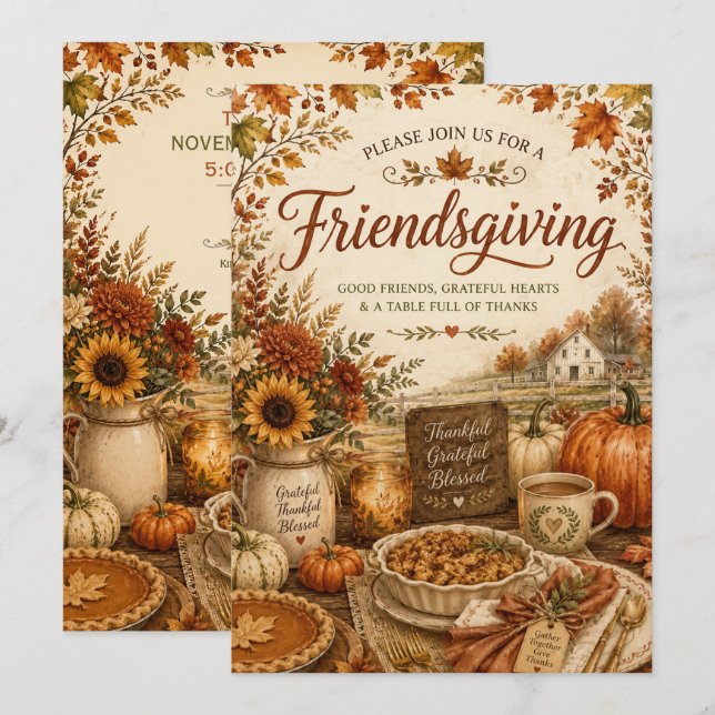 Rustic Farmhouse Friendsgiving Fall Autumn Dinner Invitation (Front/Back)