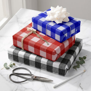 Rustic Farmhouse Gingham Plaid Black Blue Red Wrapping Paper Sheets