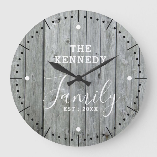 Rustic Farmhouse Gray Wood Family Name Large Clock (Front)