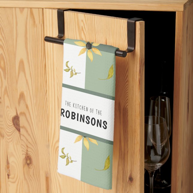 Rustic farmhouse green gingham floral monogrammed kitchen towel (Thirds Fold)