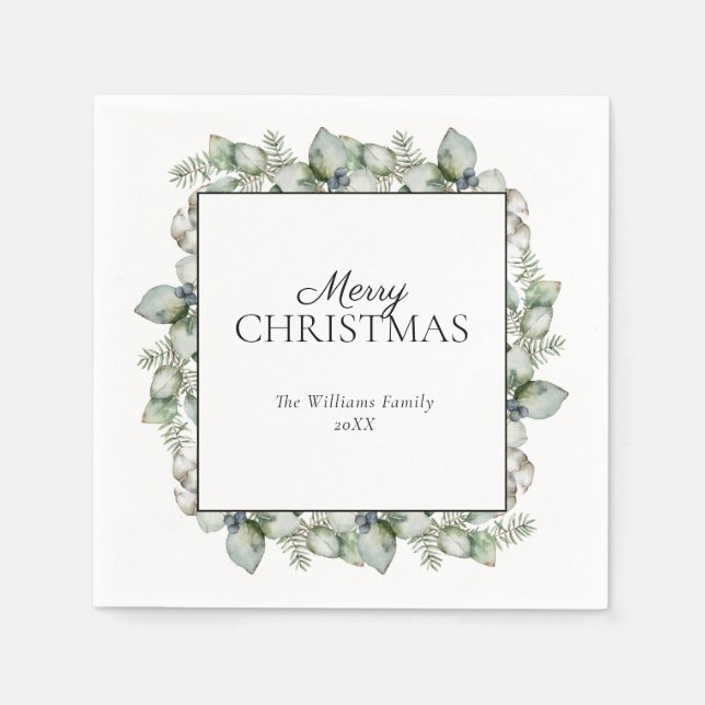 Rustic Farmhouse Greenery Merry Christmas Napkins (Front)