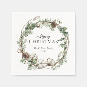 Rustic Farmhouse Greenery Wreath Merry Christmas Napkins