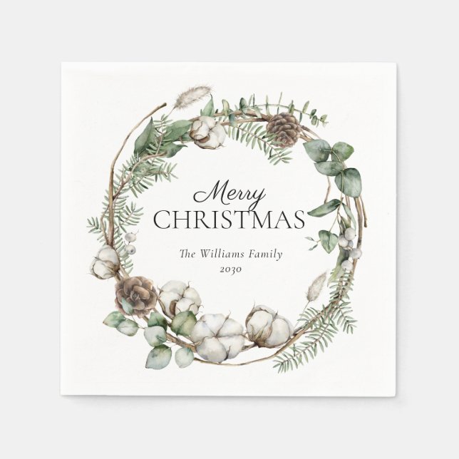 Rustic Farmhouse Greenery Wreath Merry Christmas Napkins (Front)