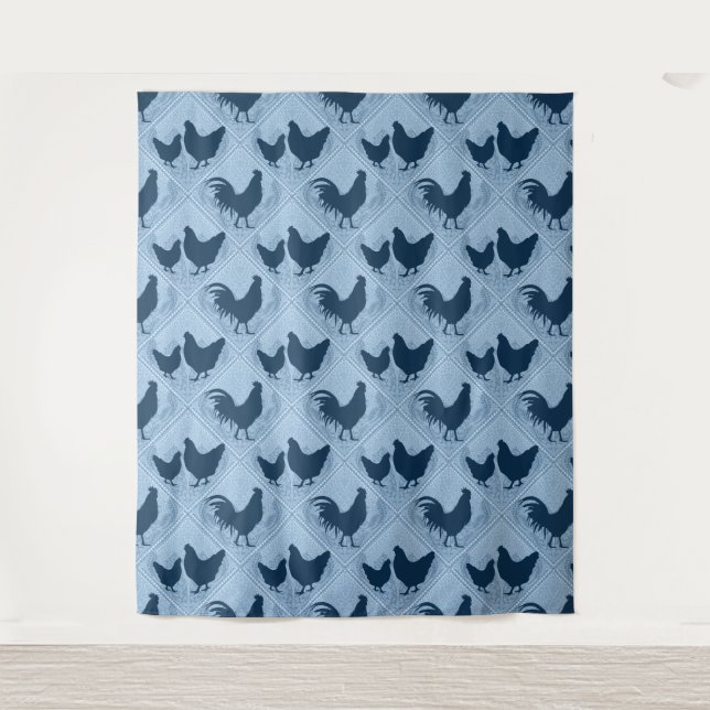 Rustic Farmhouse Hen Pattern – In Blue  Tapestry (Front)