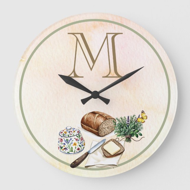 Rustic Farmhouse Herbs & Bread Monogram Family Large Clock (Front)