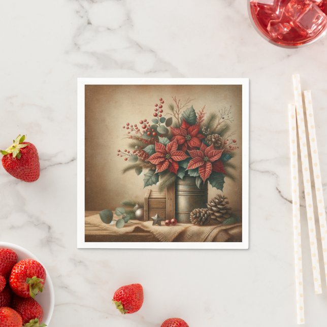 Rustic Farmhouse Holiday Poinsettia Découpage Napkins (Insitu)