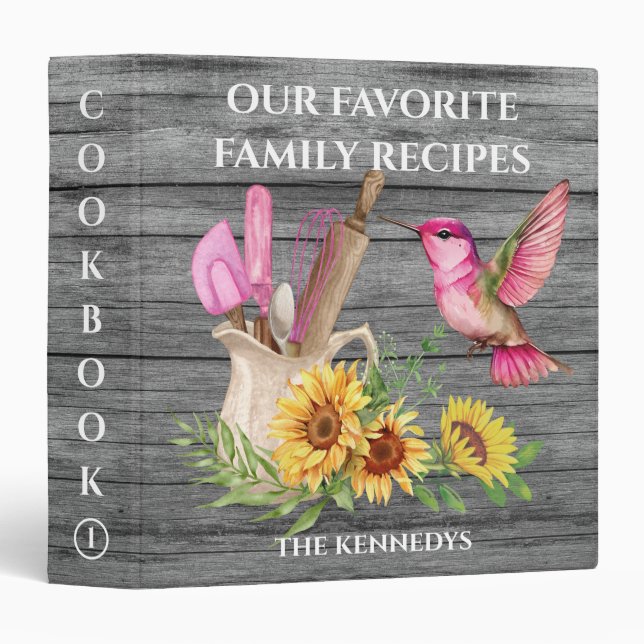 Rustic Farmhouse Hummingbird Gray Wood Cookbook  3 Ring Binder (Front/Spine)