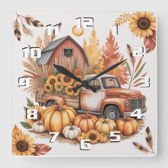 Rustic Farmhouse Inspired Autumn and Thanksgiving Square Wall Clock (Front)