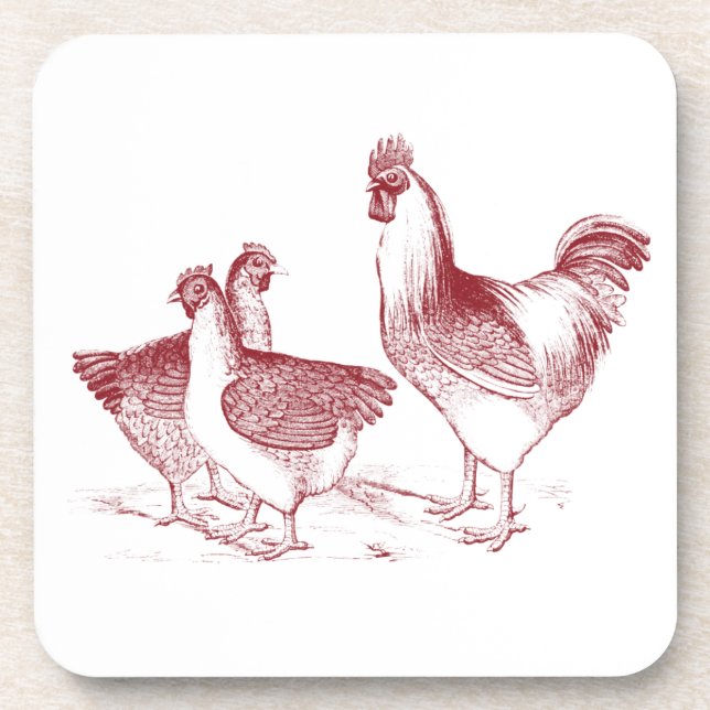 Rustic Farmhouse Kitchen Red Rooster Hens Beverage Coaster (Front)