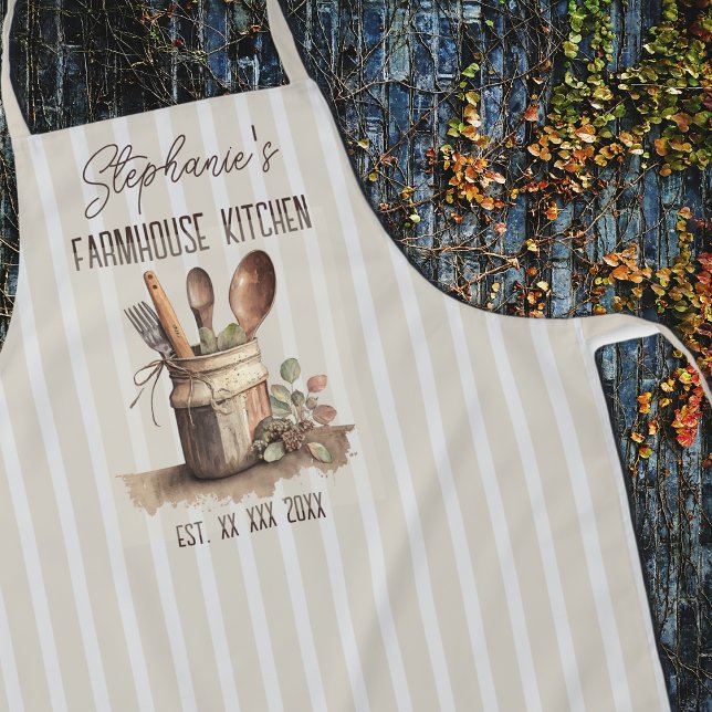 Rustic Farmhouse Kitchen Utensils Neutral Stripe Apron (Creator Uploaded)