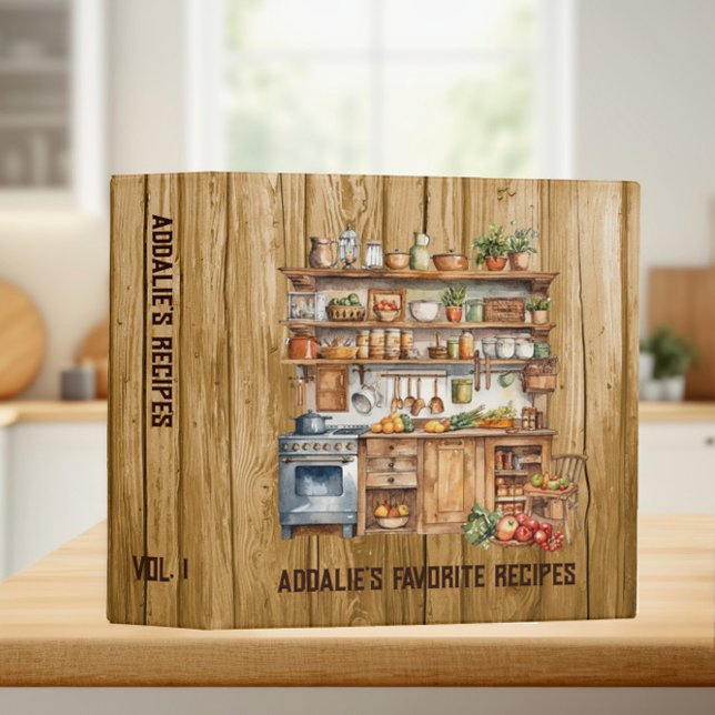 Rustic Farmhouse Kitchen Wood Recipe 3 Ring Binder (Country kitchen custom family recipe binder.)