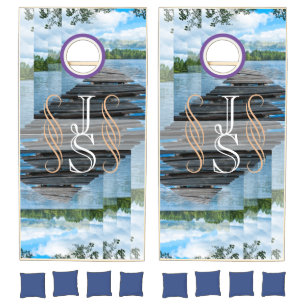 Rustic Farmhouse Lakeside Country Monogram Blue  Cornhole Set