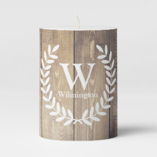 Rustic Farmhouse Laurels Barn Wood Family Name Pillar Candle