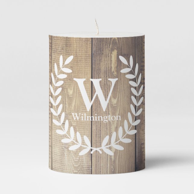 Rustic Farmhouse Laurels Barn Wood Family Name Pillar Candle (Front)