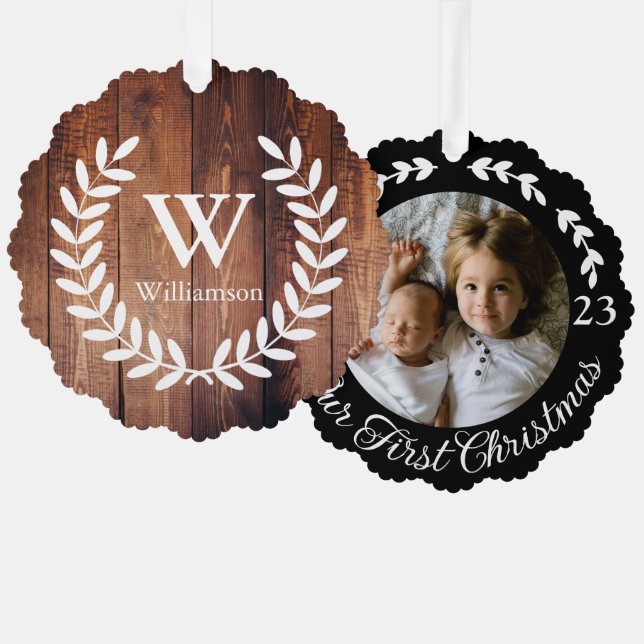 Rustic Farmhouse Laurels & Barn Wood Print Photo Ornament Card (Front/Back)