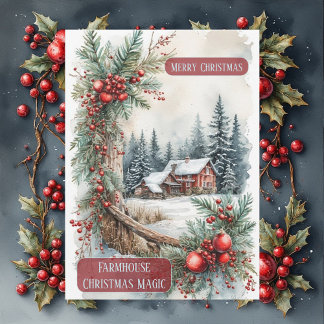 Rustic Farmhouse Magic Christmas Country Berries  Holiday Card