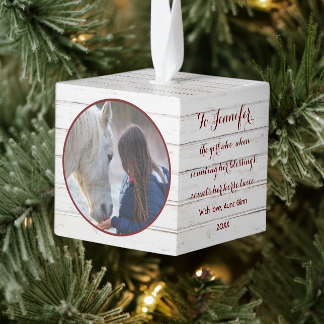 Rustic Farmhouse Minimalist Horse Pet 2 Photo Cube Ornament (Tree)