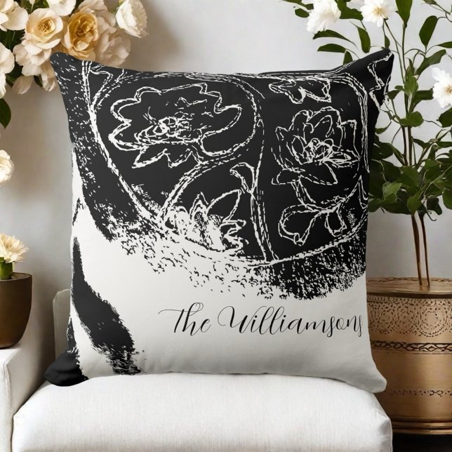 Rustic farmhouse monogram floral black white  throw pillow (Creator Uploaded)