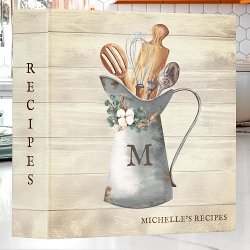 Rustic Farmhouse Monogram Floral Kitchen Recipe 3 Ring Binder