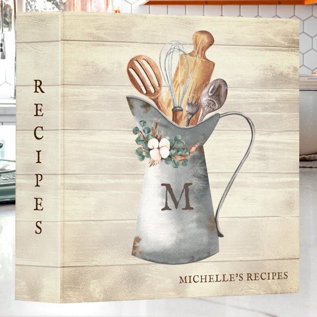 Rustic Farmhouse Monogram Floral Kitchen Recipe 3 Ring Binder (Creator Uploaded)