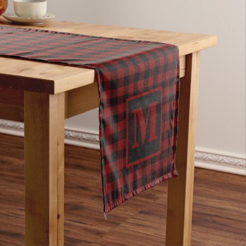 Rustic Farmhouse Monogram Red Buffalo Plaid Short Table Runner