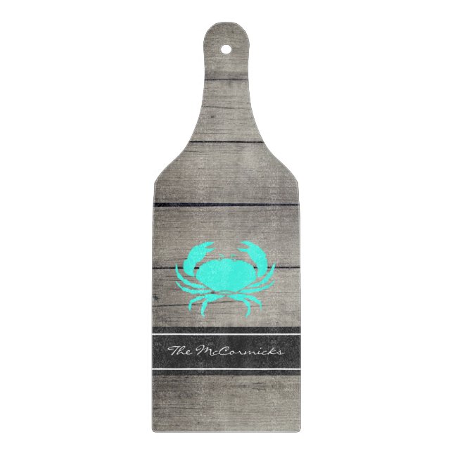 Rustic Farmhouse Nautical Teal Blue Crab Monogram Cutting Board (Front)