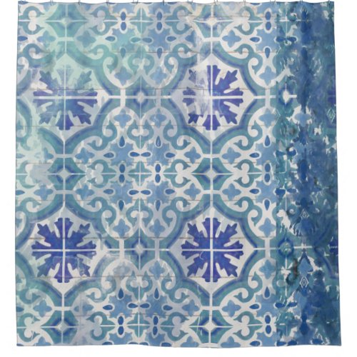 Rustic Farmhouse Old Havana Tile Ocean Blue Beach Shower Curtain