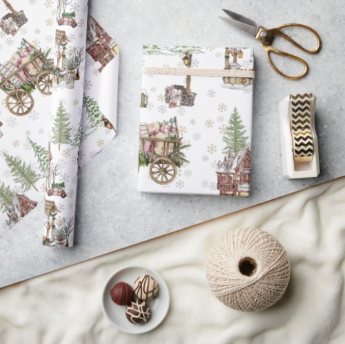 Rustic farmhouse on the country side snowing tree  wrapping paper