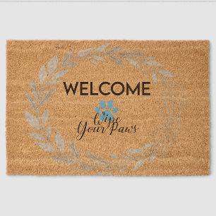 Rustic Farmhouse Paw Print Wreath Welcome Doormat  Fiber Doormat