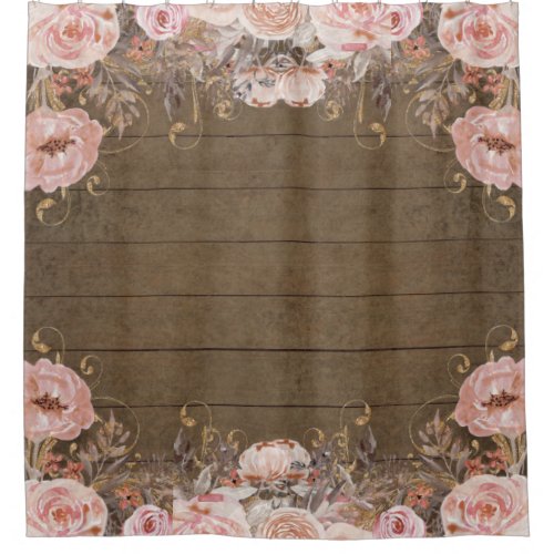 Rustic Farmhouse Pink Country Floral Dark Wood Shower Curtain