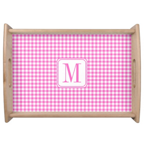 Rustic Farmhouse Pink Gingham Plaid Monogram Serving Tray