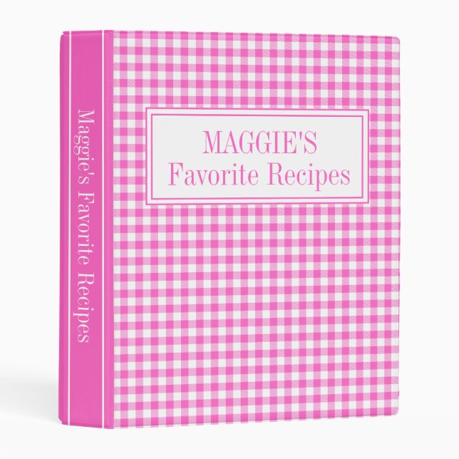 Rustic Farmhouse Pink Gingham Plaid Recipe Binder (Front/Spine)