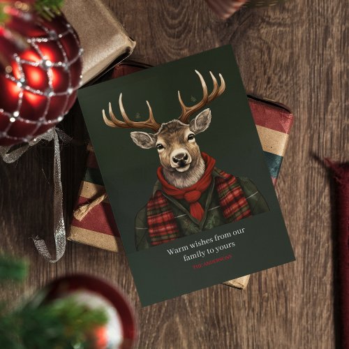 Rustic Farmhouse Plaid Deer And Green Holiday Card