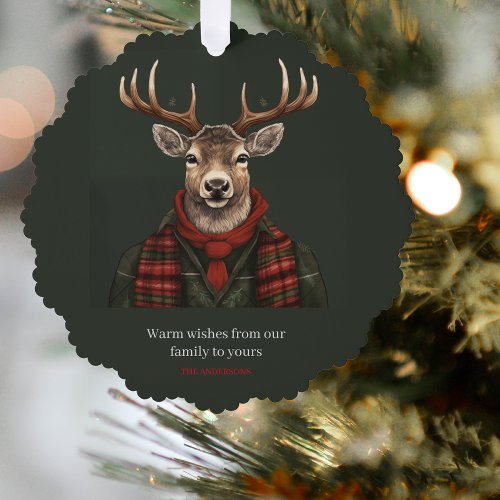 Rustic Farmhouse Plaid Deer And Green Ornament Card